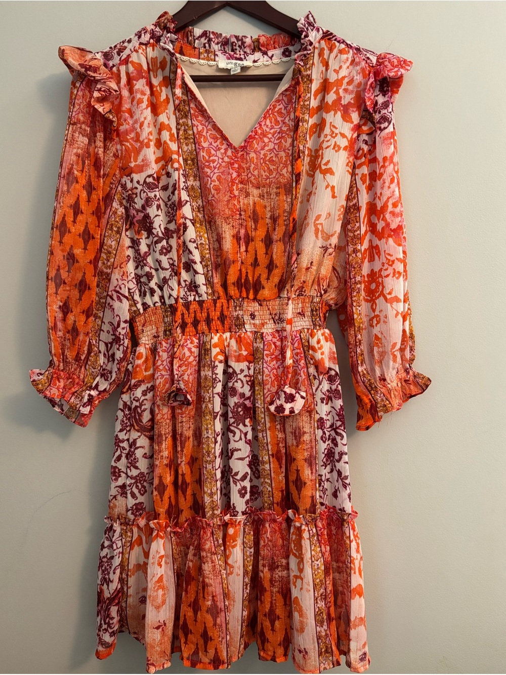 Umgee Size Large Vibrant Orange Dress with Shimmery Detail and Abstract Pattern